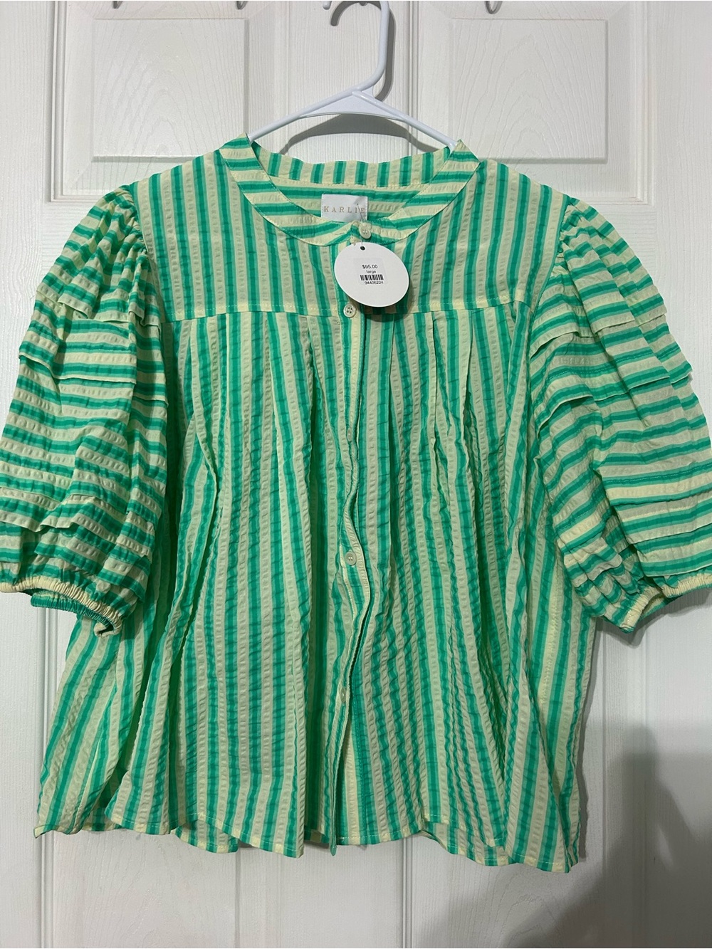 Karlie Mint and Cream Striped Puff-Sleeve Button Front Blouse